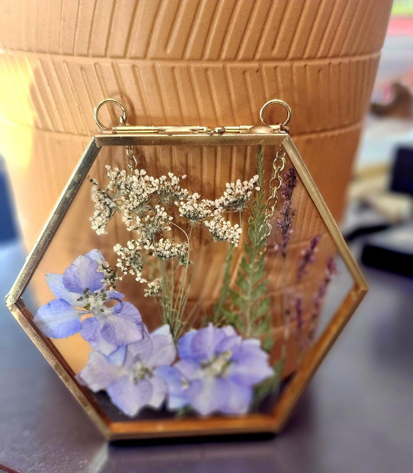 Wall Art Dried Pressed Real Flowers in Glass frame hexagon 3.5 in handmade gift