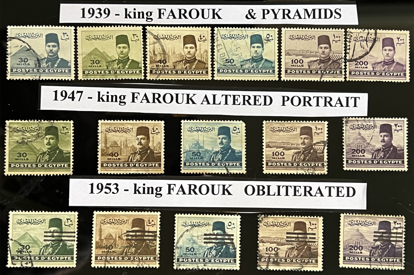STAMPS-EGYPT -1939 1947-1953-FAROUK PORTRAITS-A-3 COMPLETE SETS-scott