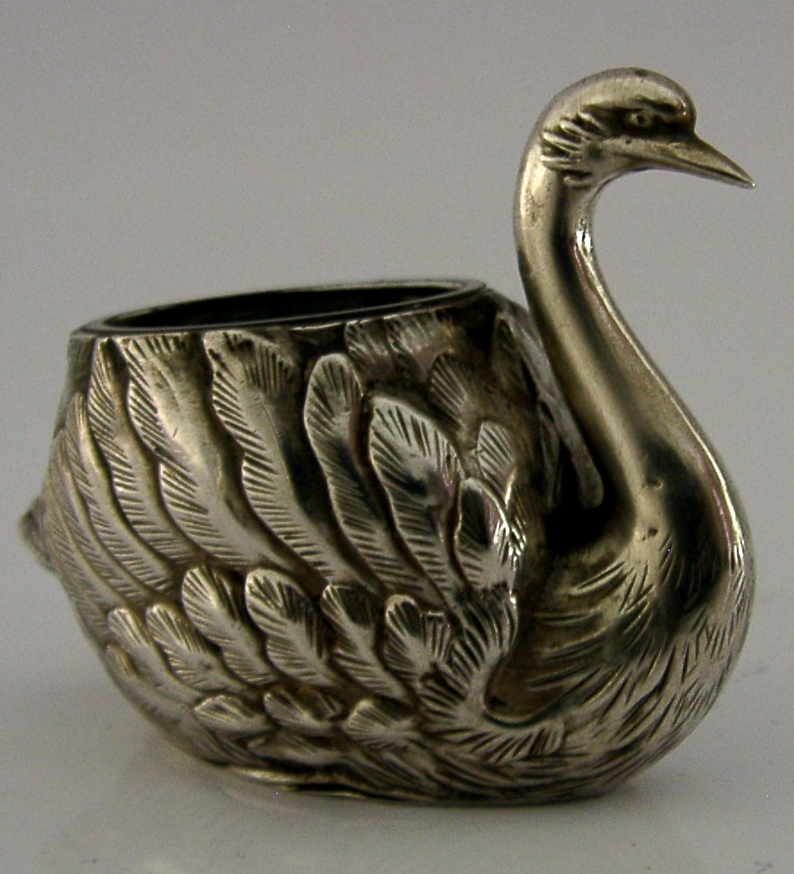 UNUSUAL JAPANESE 950 SOLID STERLING SILVER SWAN SALT CELLAR c1920 ANTIQUE