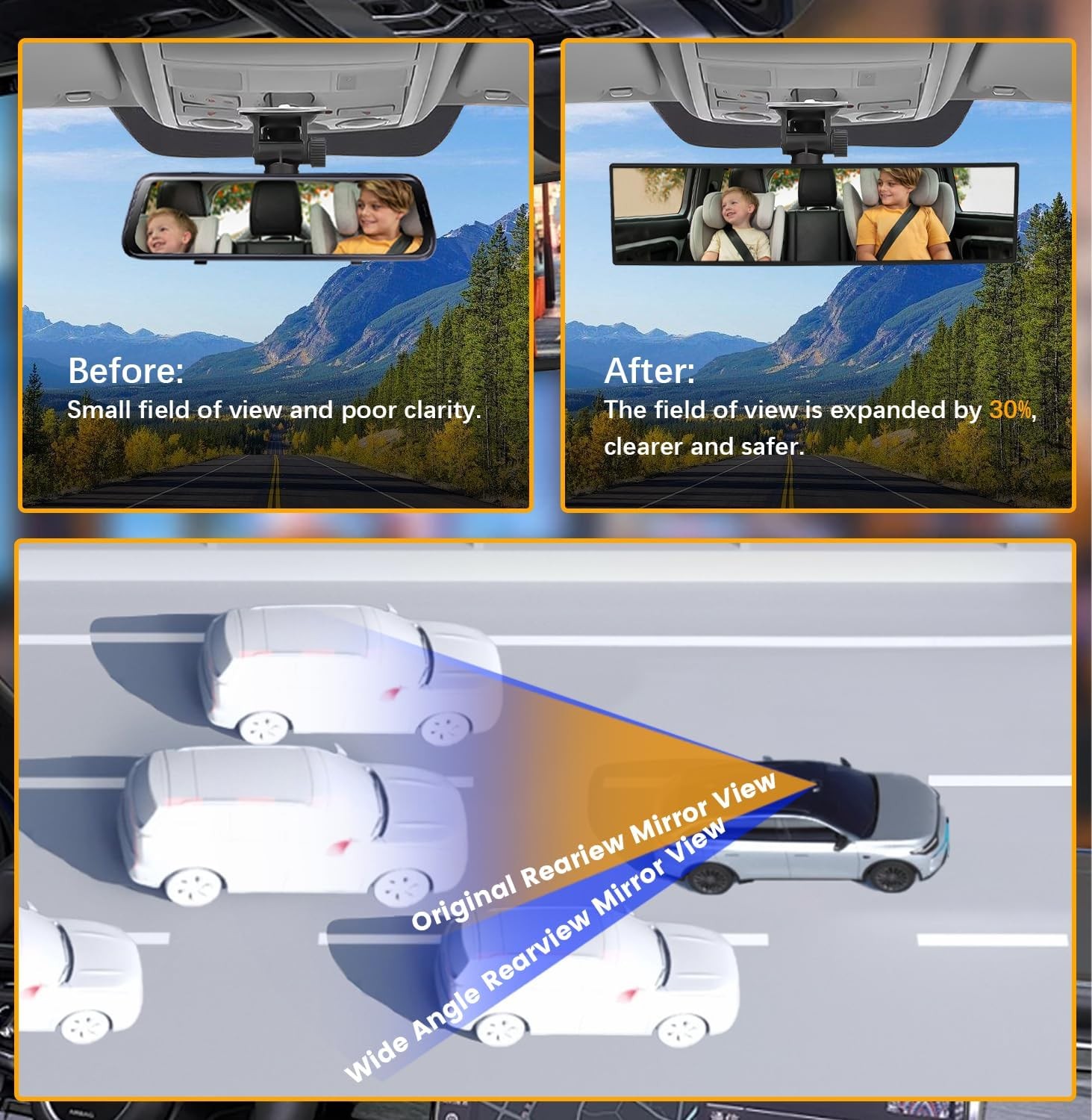 Rear View Mirror, Chrome Anti-glare Panoramic Rear Mirrors Universal 12 Inch Con