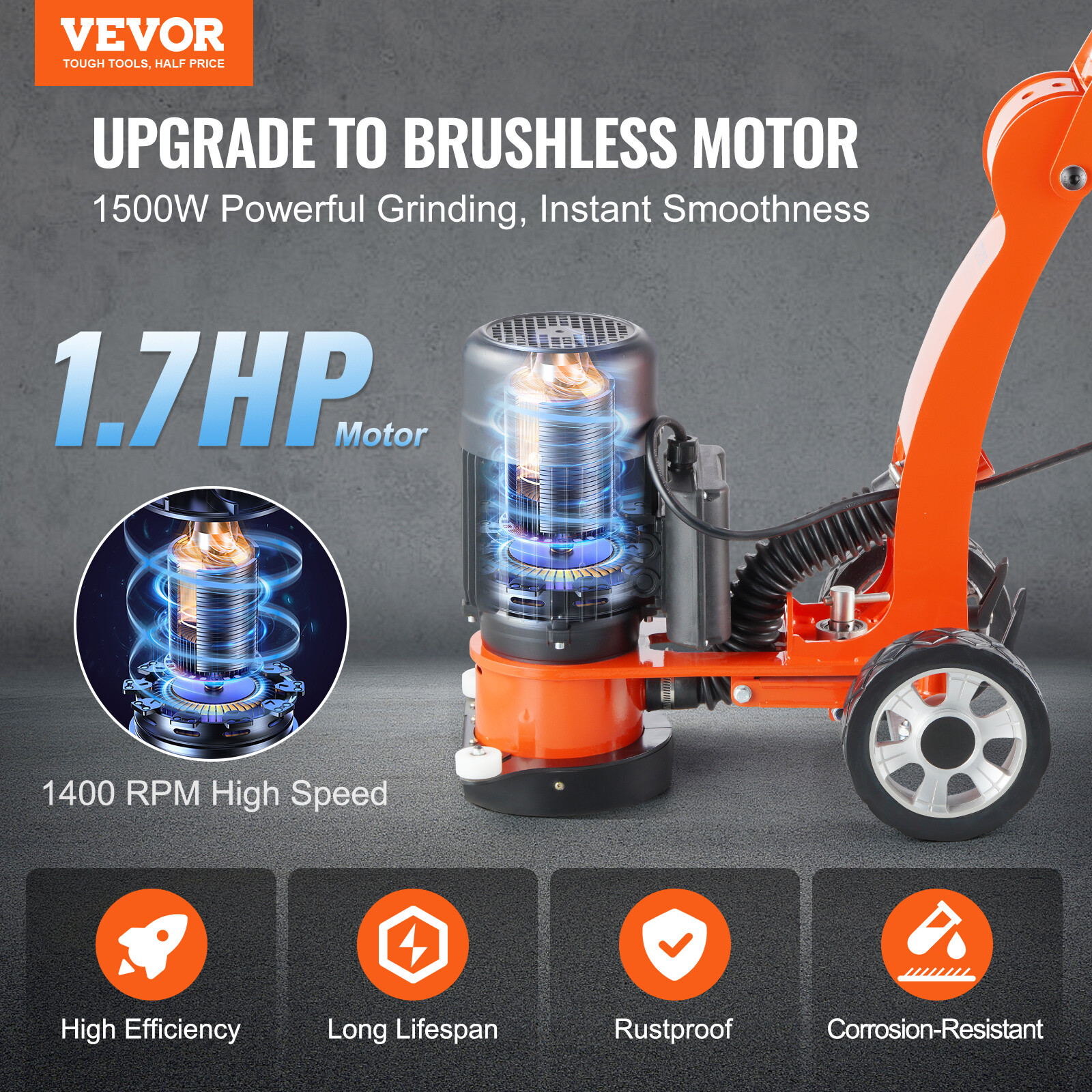 VEVOR Concrete Floor Grinder 7" Walk-Behind Polisher 1.7HP Adjustable Machine
