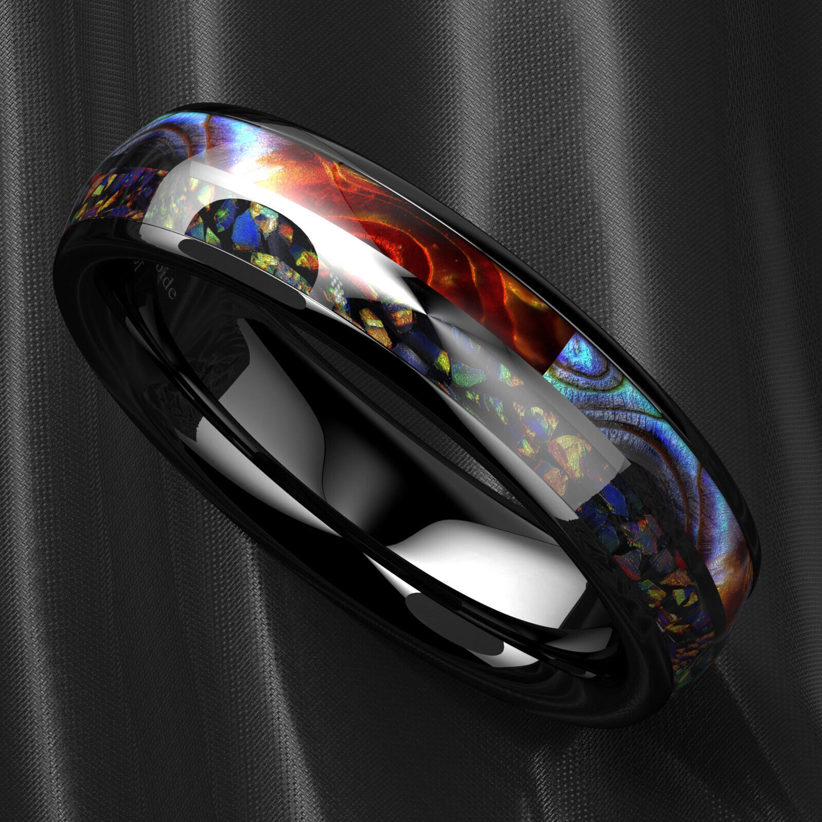 8/6mm Black Tungsten Ring Hawaiian Opal and Abalone Inlay Men ATOP Wedding Band