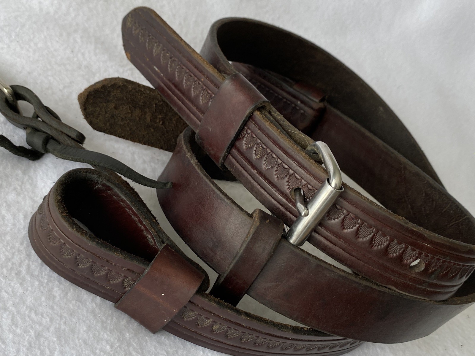 CIRCLE Y Shell TOOLED Walnut Leather Back Flank Cinch & Billet SET~LIGHTLY USED