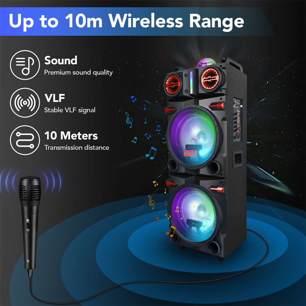 9000W Bluetooth Speaker Dual 10" Woofer Rechargable Party FM Karaok DJ LED AUX