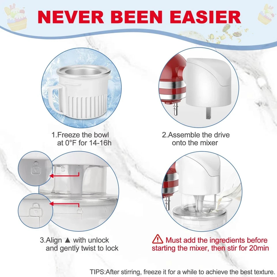 Ice Cream Attachment for Kitchenaid Stand Mixer with 250ML 250ML, White