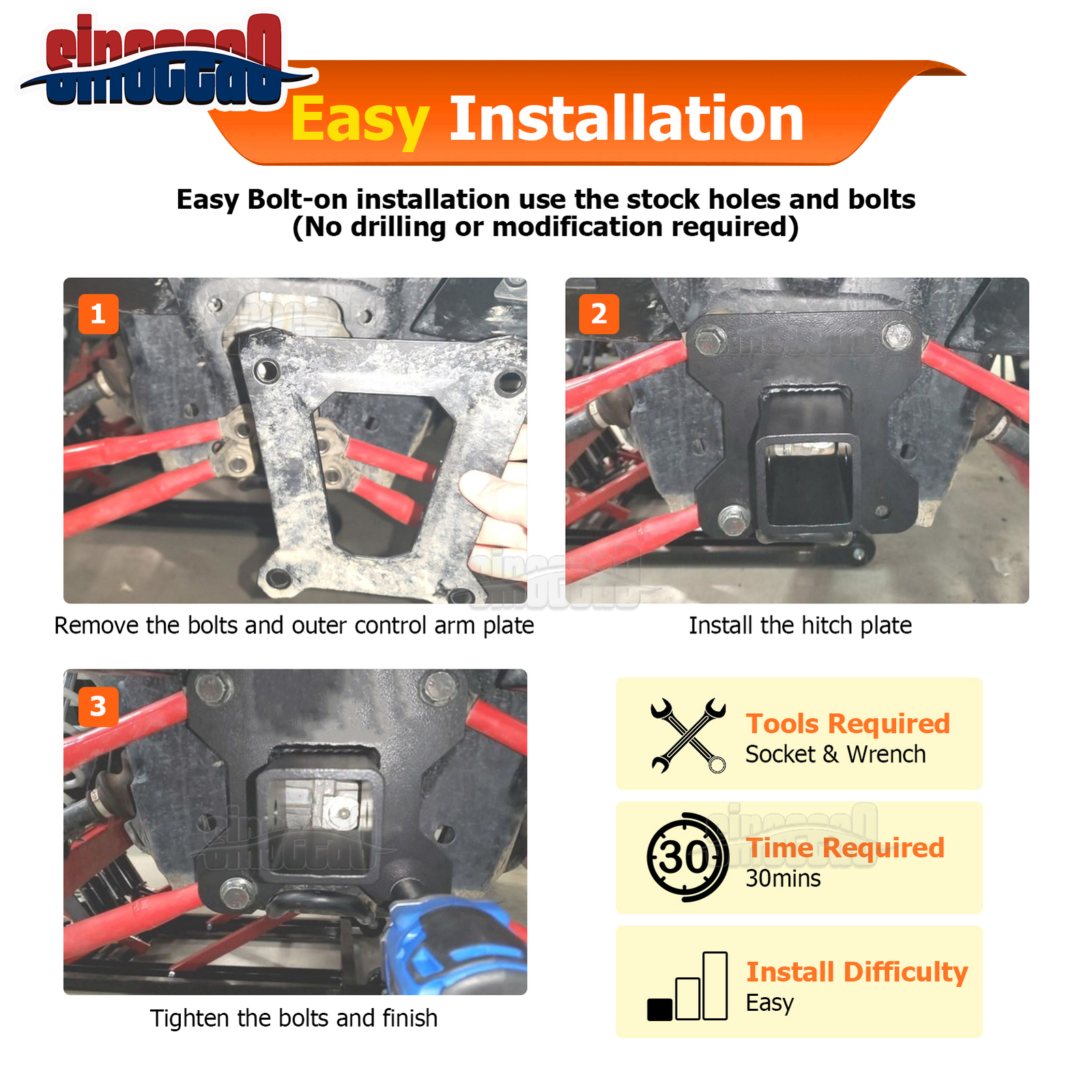 For 2014-2024 4WD Polaris RZR XP 1000 2" Hitch Receiver + Rear Hitch Mount