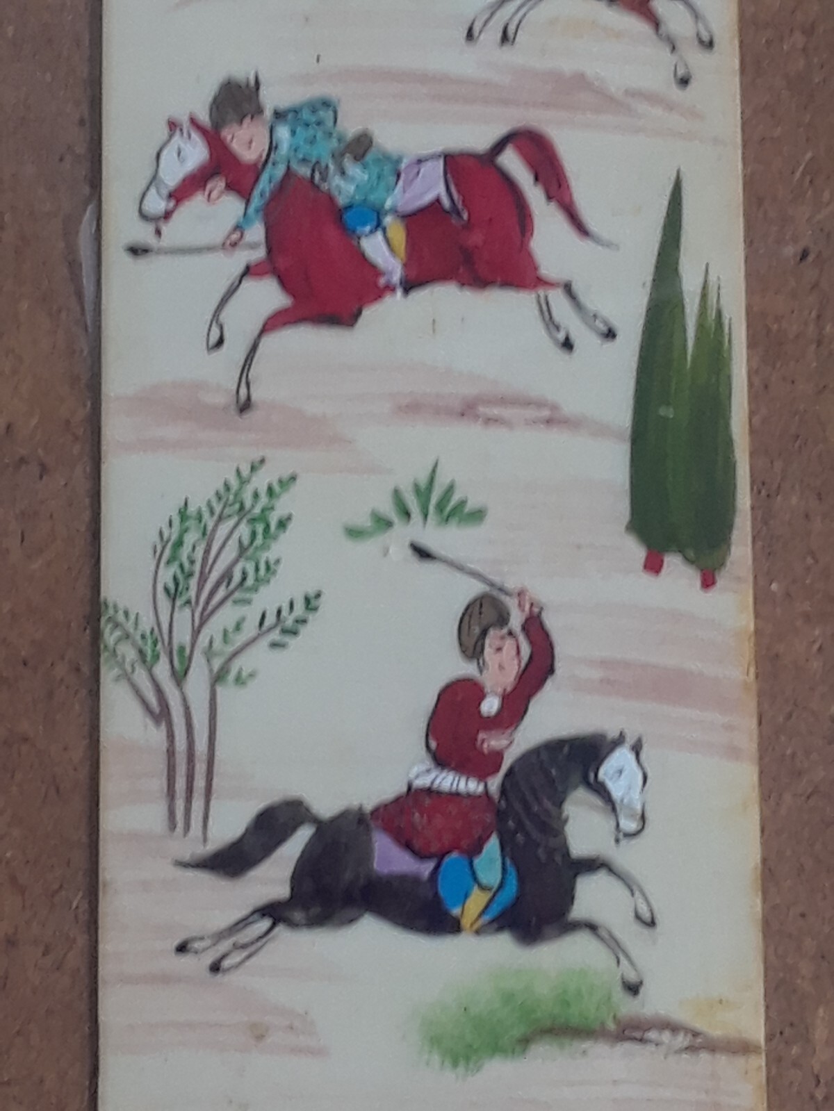 Chinese Scroll Warrior Horses Enamel and Wood Frame 19 3/8 x 5.5