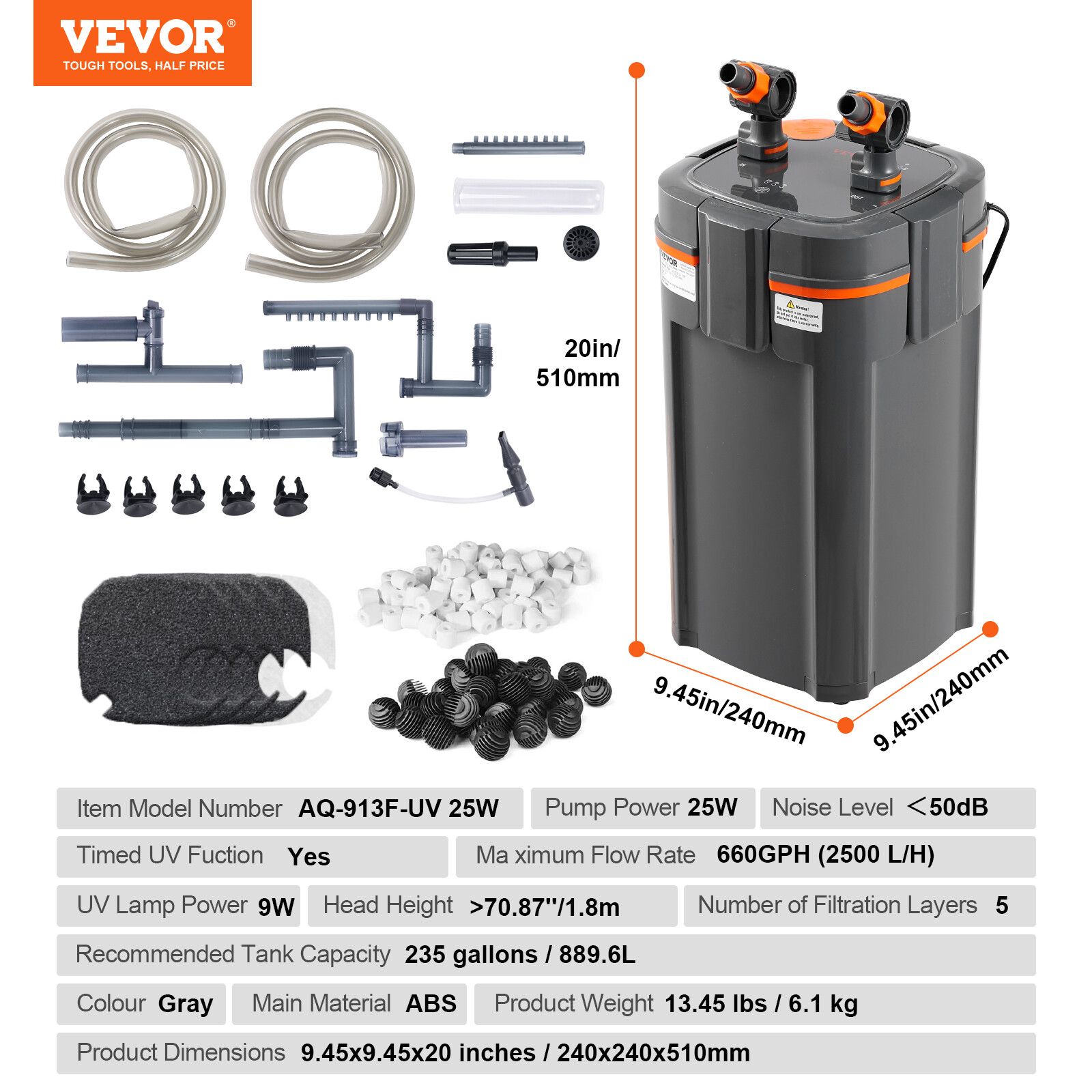 VEVOR 235 Gallon Aquarium Canister Filter 9w UV Sterilizer 660GPH Fish Tank