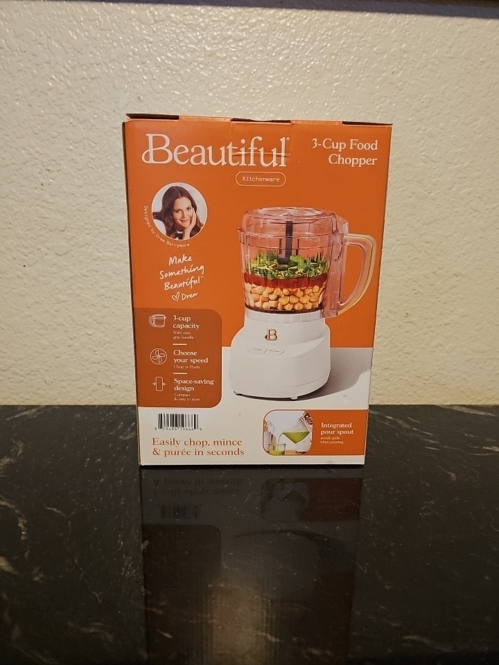3 Cup Food Chopper Beautiful Designed by Drew Barrymore New In Box Open Box