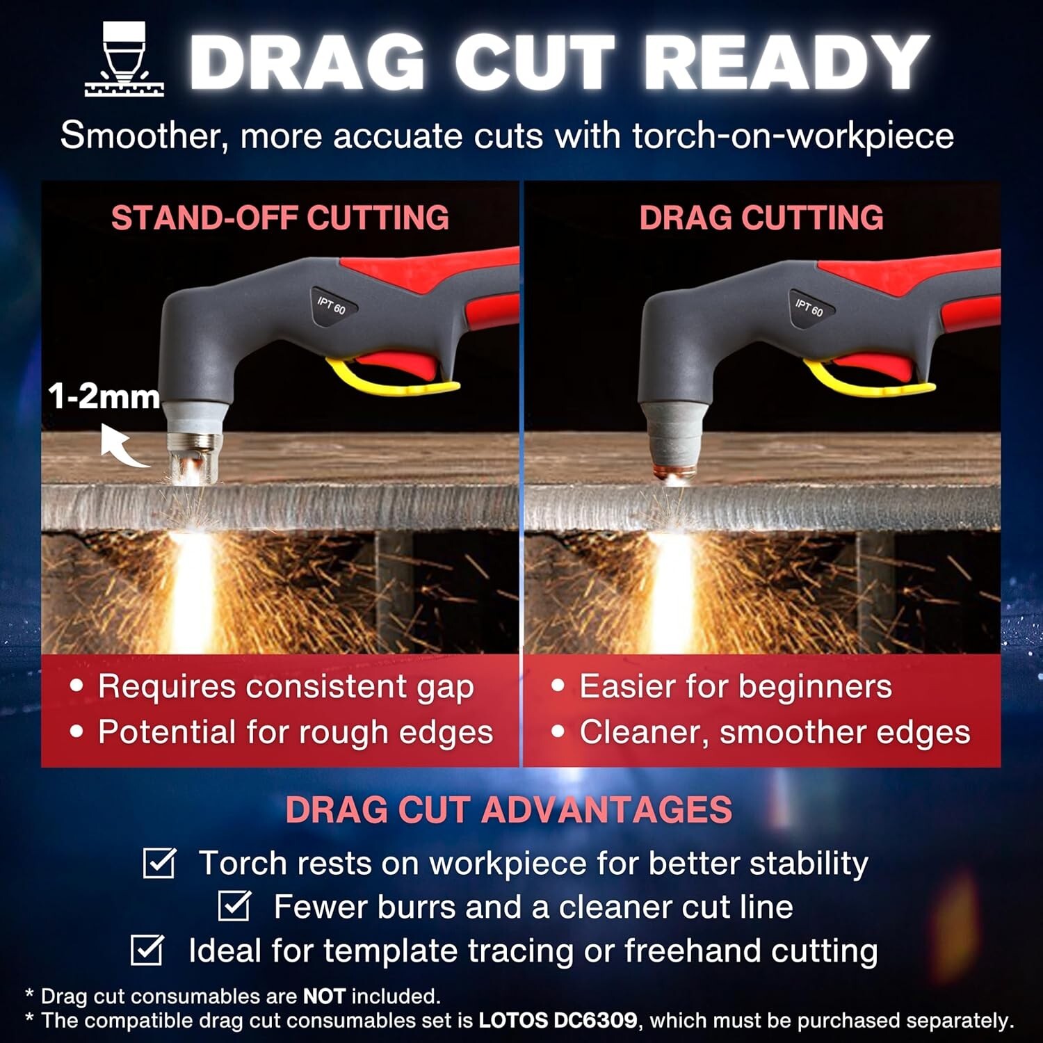 LOTOS LTP6300D 63A Non-Touch Pilot Arc Plasma Cutter, Drag Cut, Non-HF, 110/220V