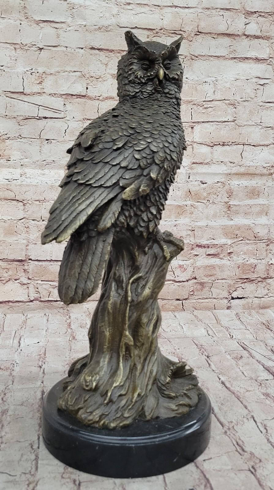 Bronze Statue Owl Marble Base Bird Sculpture Hot Cast Figurine Art Home Gift