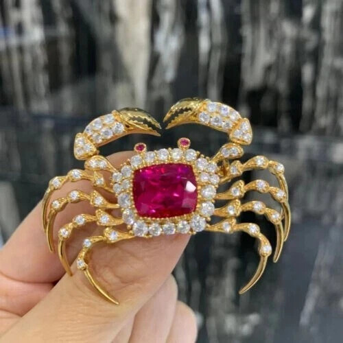 4Ct Cushion Cut Simulated Pink Ruby Crab Shape Brooch Pin 14k Yellow Gold Plated