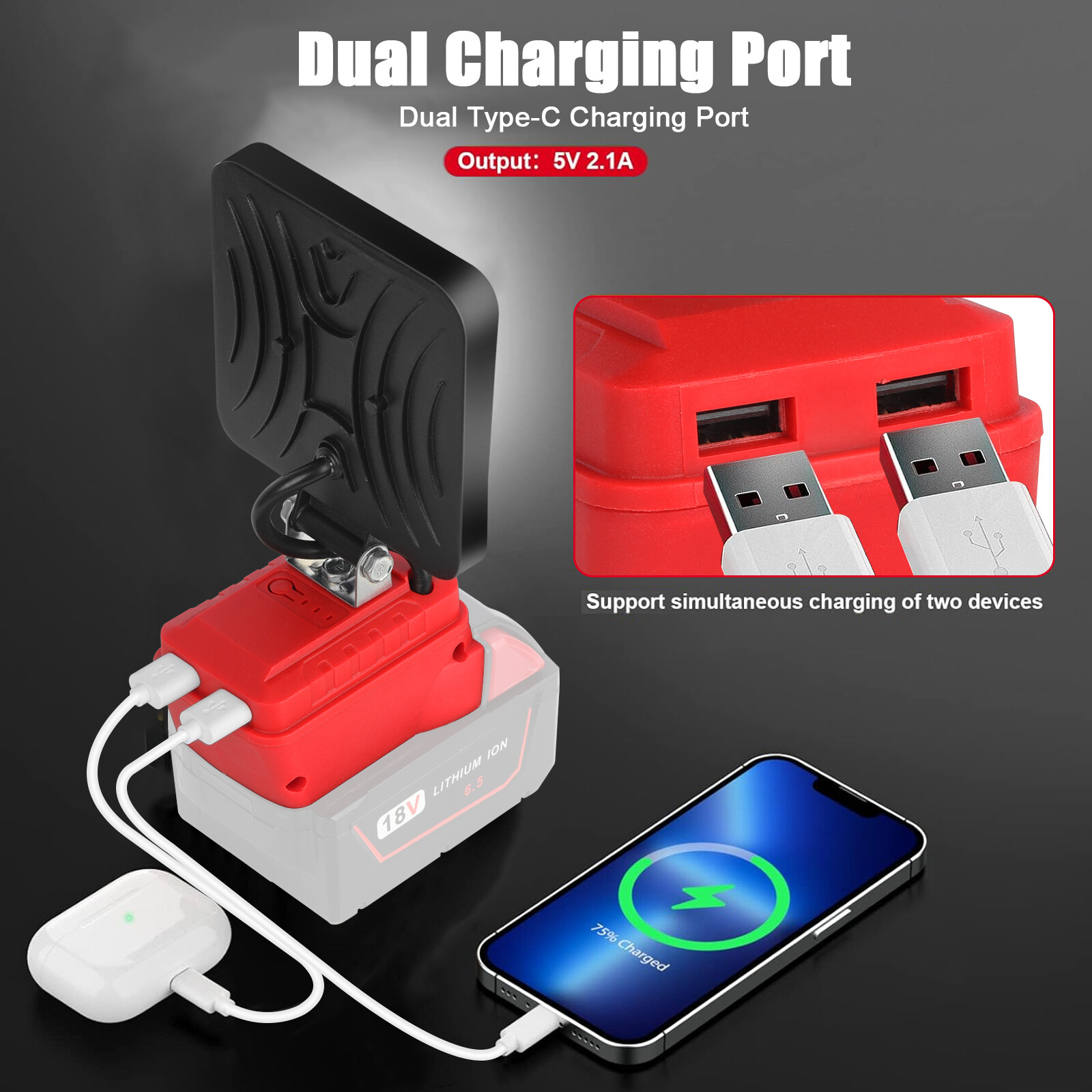 2 Pack 60W LED Work Light for Milwaukee 18V M-18 Battery with USB Output