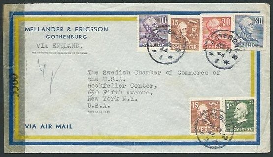 SWEDEN 1944 Censor cover Gothenburg to USA - nice franking.................38497