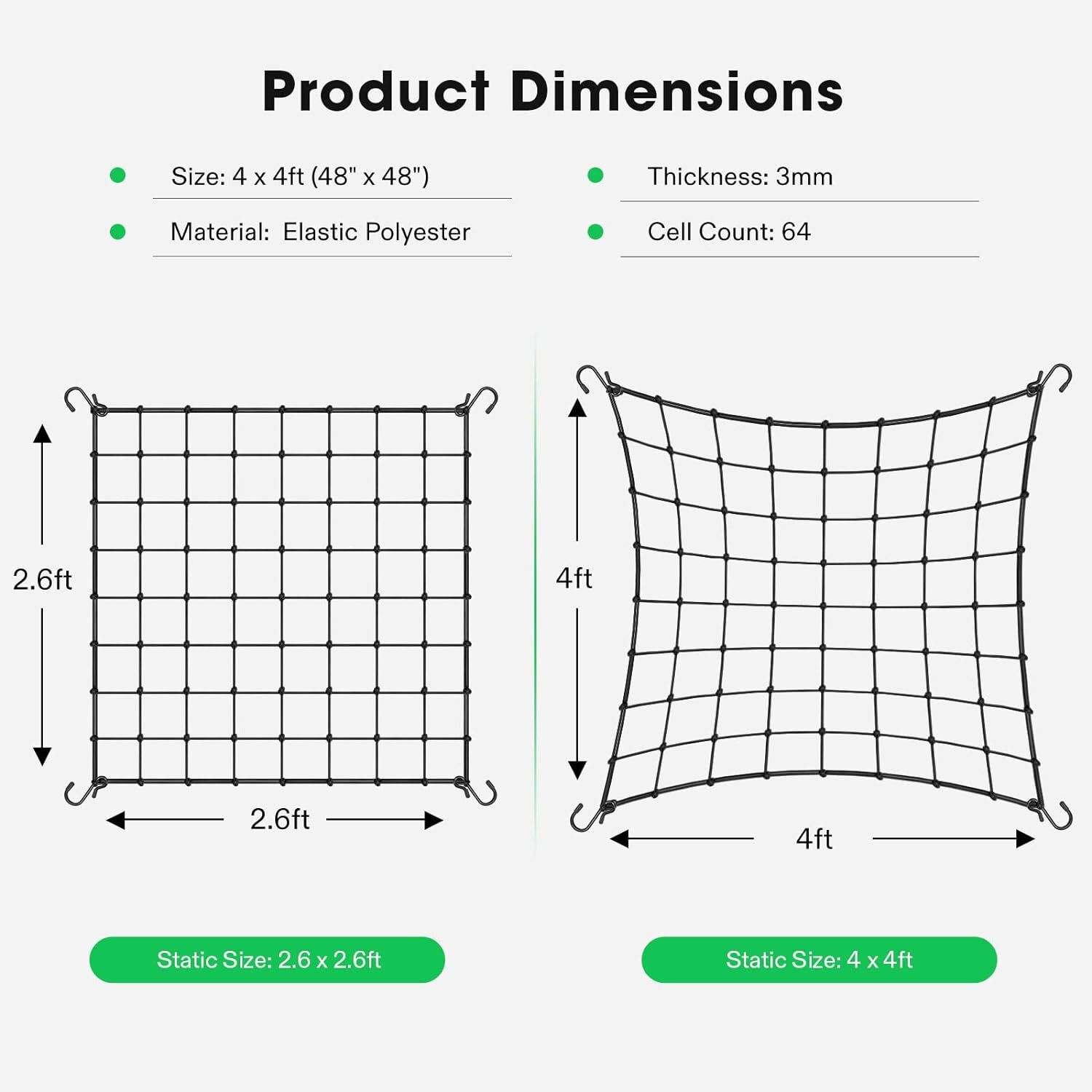 VIVOSUN 2x4'/3x3'/4x4' Elastic Trellis Netting 3mm thick for Grow Tent Gardening