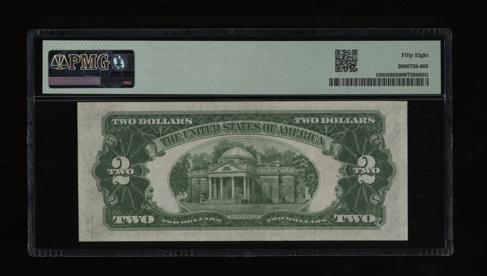 DBR 1928-D $2 Legal Fr. 1505 DA Block PMG 58 Serial D07886810A