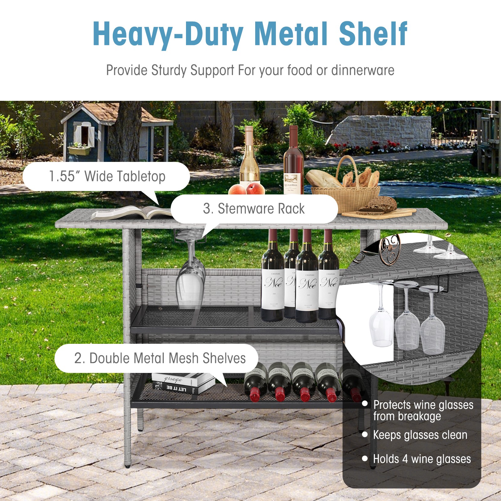 Outdoor Patio Wicker Bar Table w/ 55” Large Tabletop & 2 Metal Shelves Mix Grey