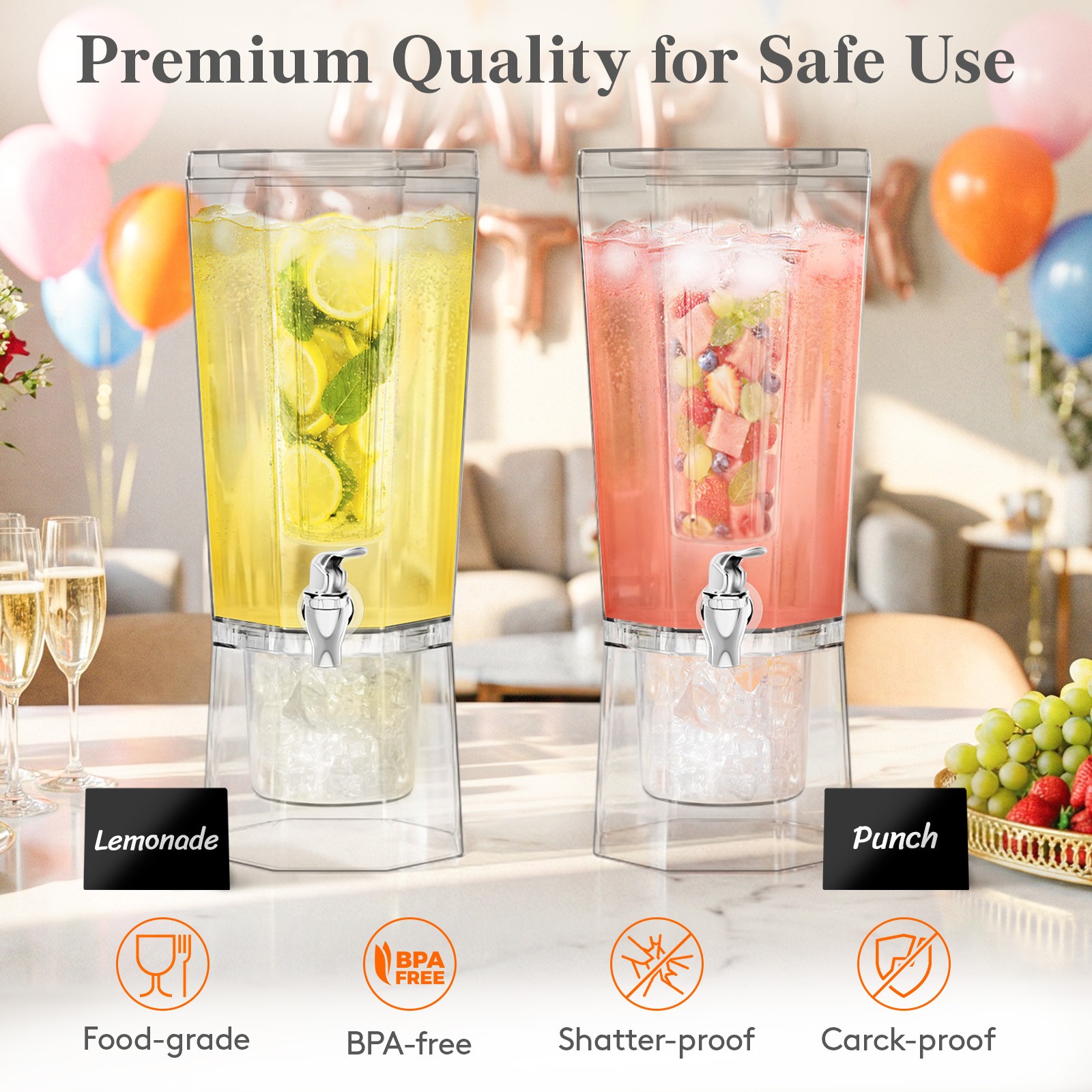 Drink Dispenser for Parties, Plastic Beverage Container with Stand & Ice Core