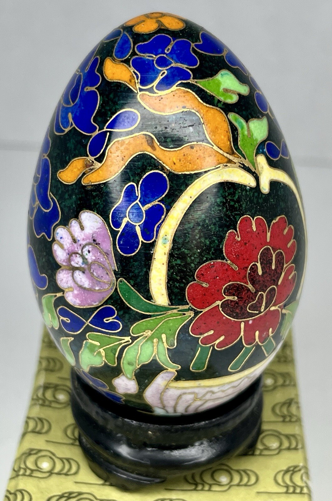 Vintage Chinese Black Cloisonné Enamel Copper Egg Pink Flowers Wood Stand In Box