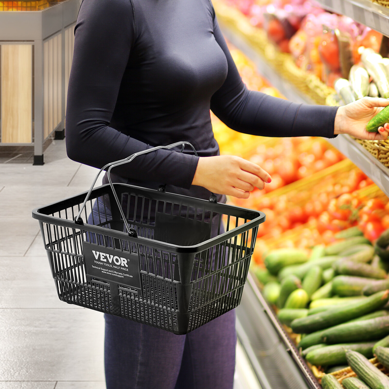 VEVOR Shopping Basket Grocery Basket 12PCS 21L with Iron Handle & Stand Black