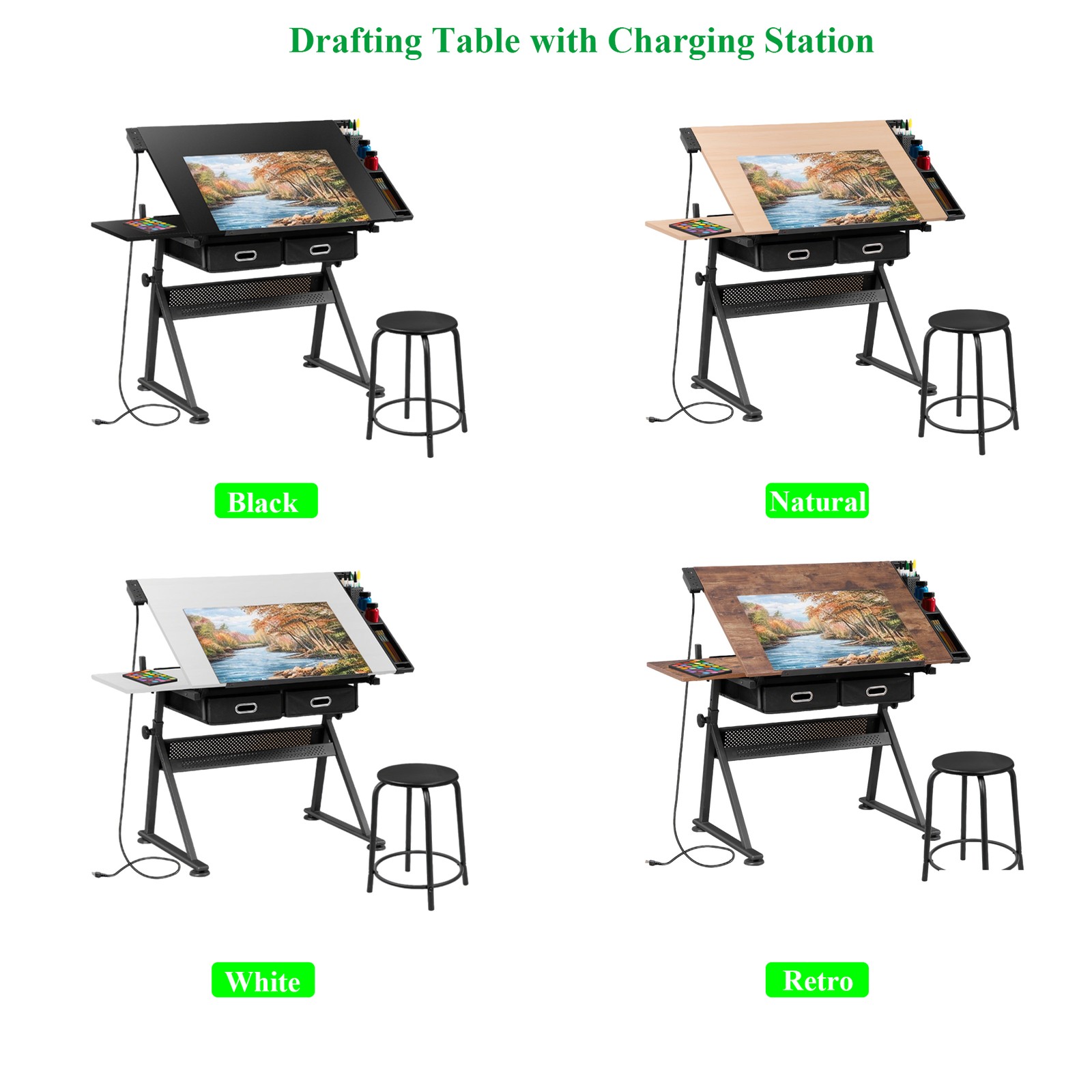 Drafting Table Drawing Desk Adjustable Tabletop with Charging Station & Stool