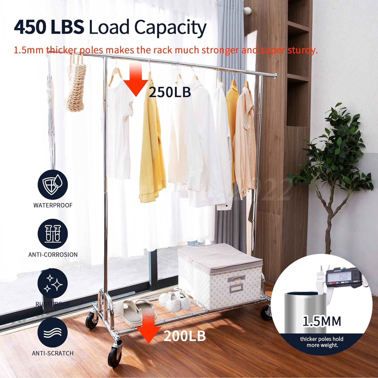 450lbs Heavy Duty Commercial Clothing Garment Rack Rolling Collapsible Chrome US