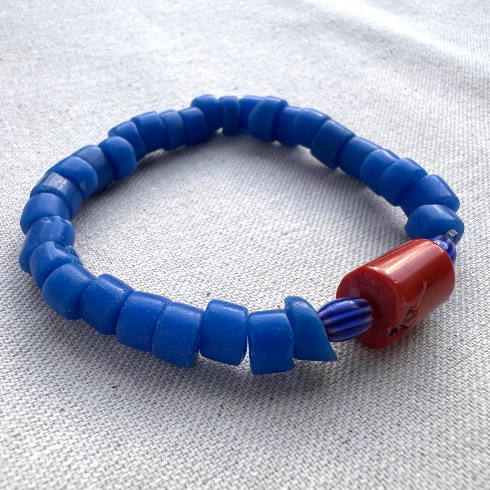 Beaded Bracelet Vintage  Segi  and chevron glass beads coral Egbe Yemoja