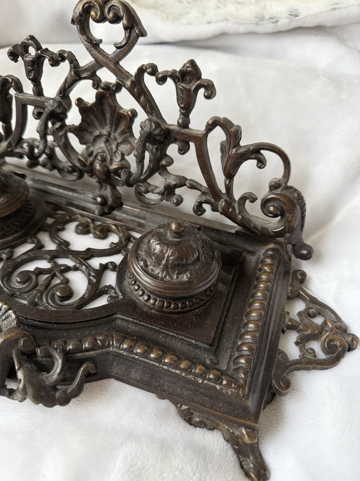 Large Ornate Antique Bronze / Brass Double Inkwell Victorian style