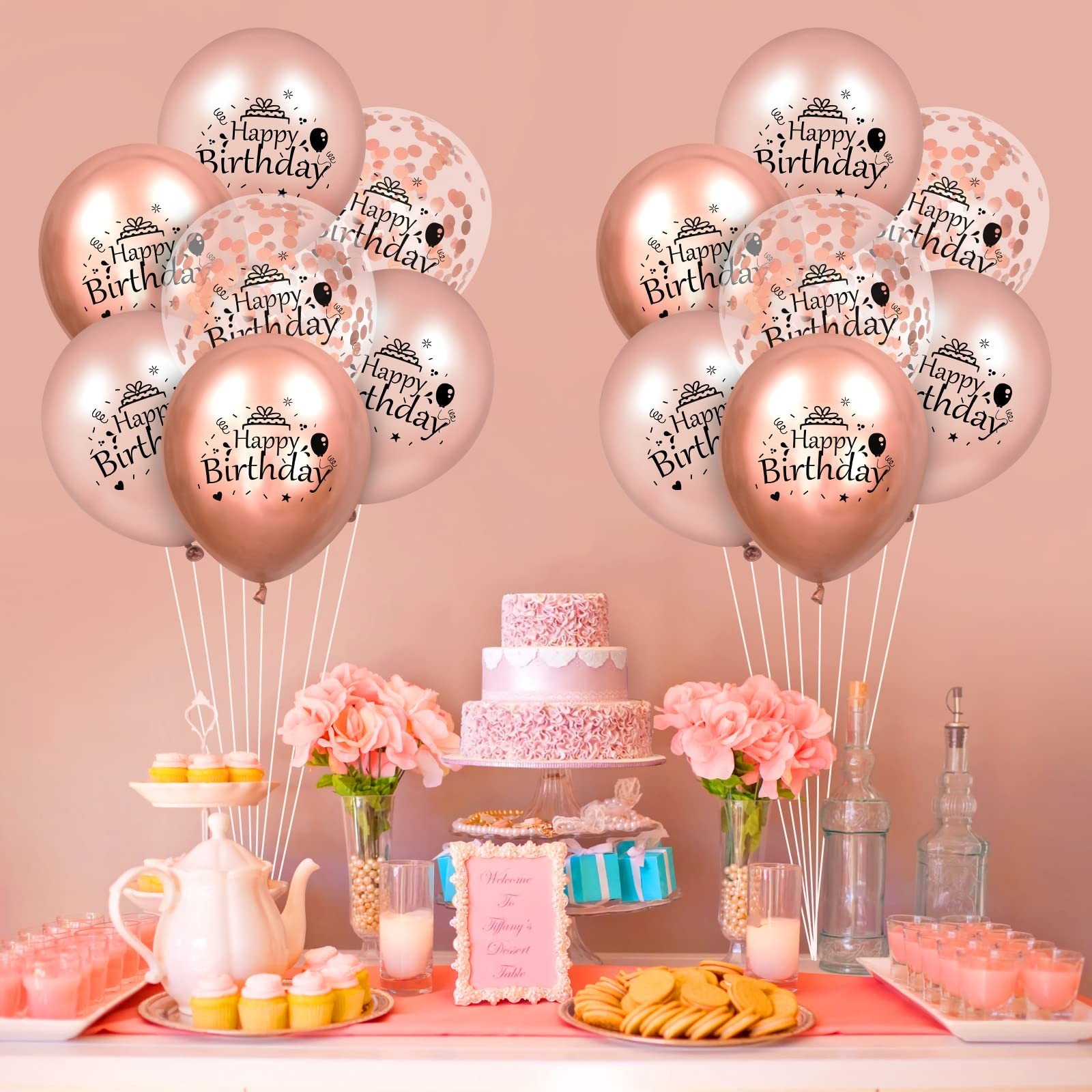 RUMIA Rose Gold Happy Birthday Balloons 18 Pcs 12 Inch Latex Confetti Balloon...