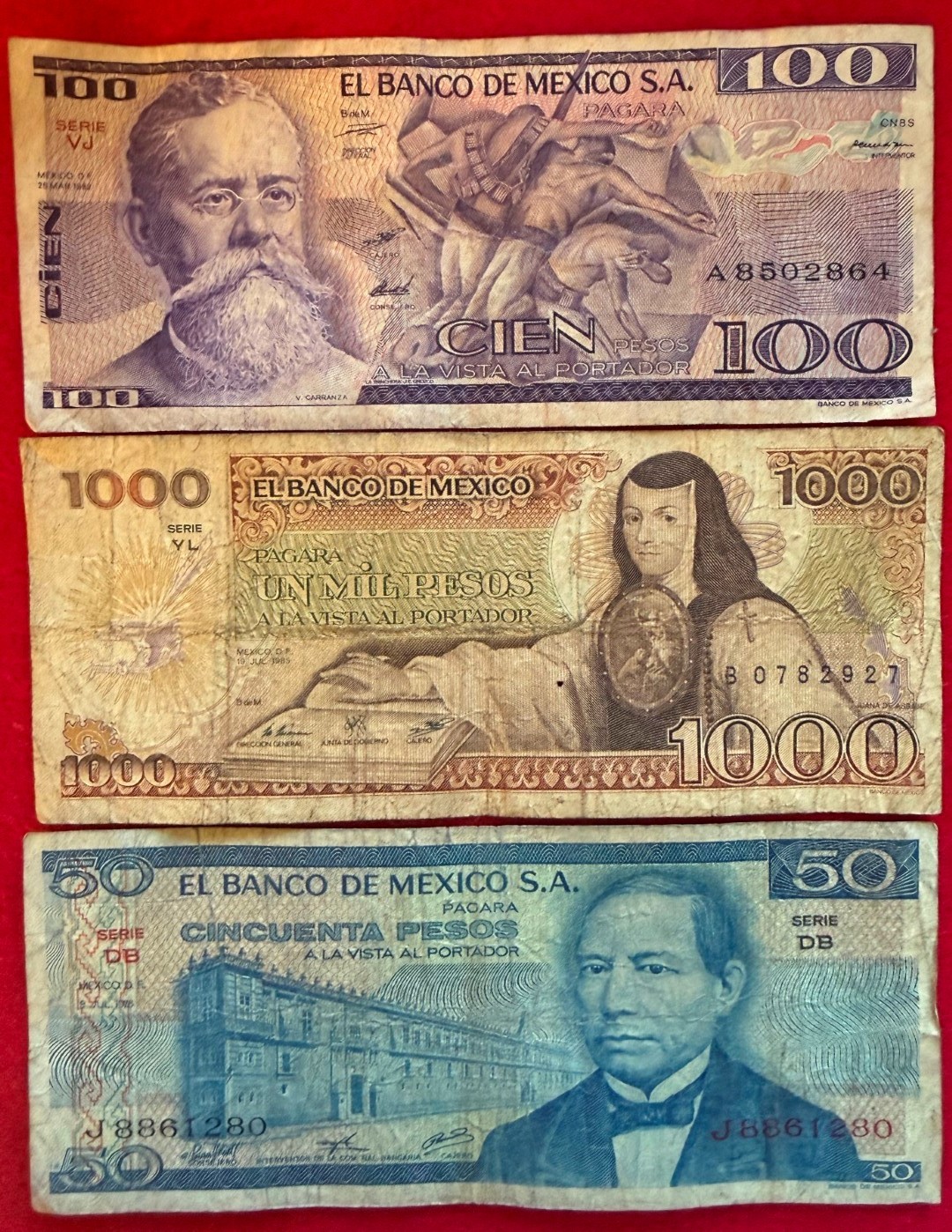 LOT of 5 MEXICO BANKNOTES SERIES 5 50 100 1000 PESOS Billete BDM ABNC 5 Amigos 1