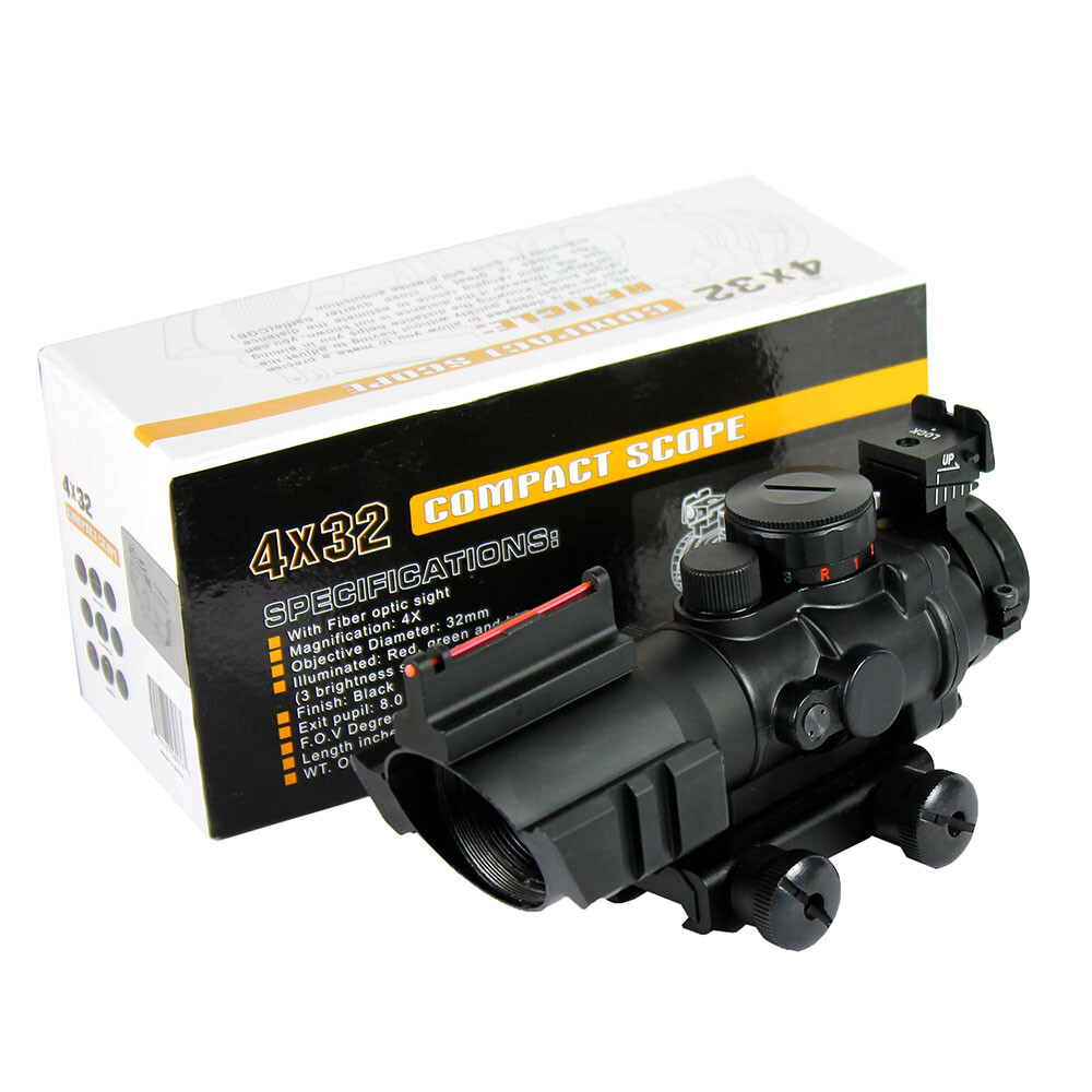 Tactical 4X32 Rifle Scope Fiber Optic Sight & illuminated Chevron Range Recticle