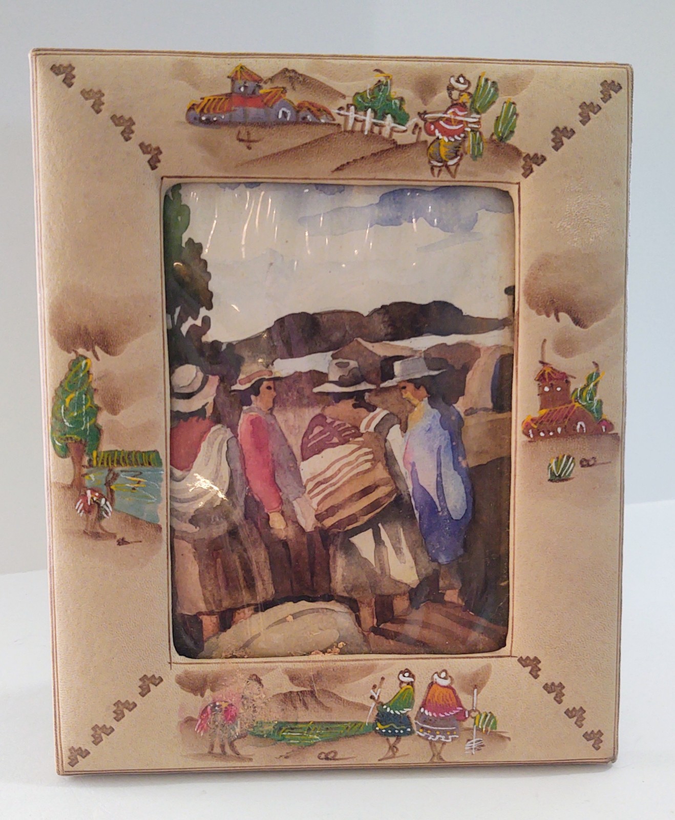 Peru Hand Painted Leather Photo Picture Frame with Peruvian Scene Native Scene