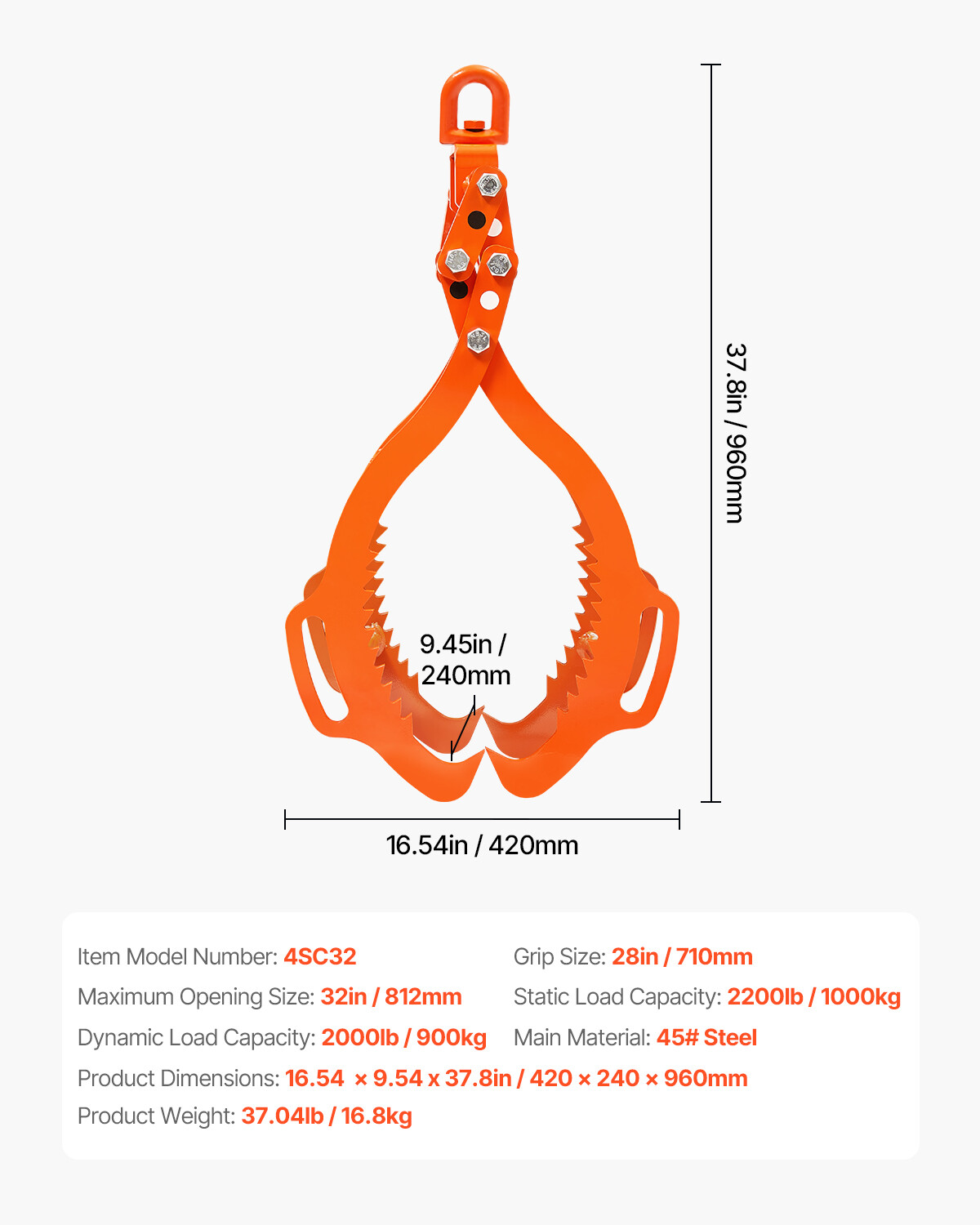 32in Log Lifting Tongs 4 Claw Solid Steel Log Grapple Swivel Log Tools