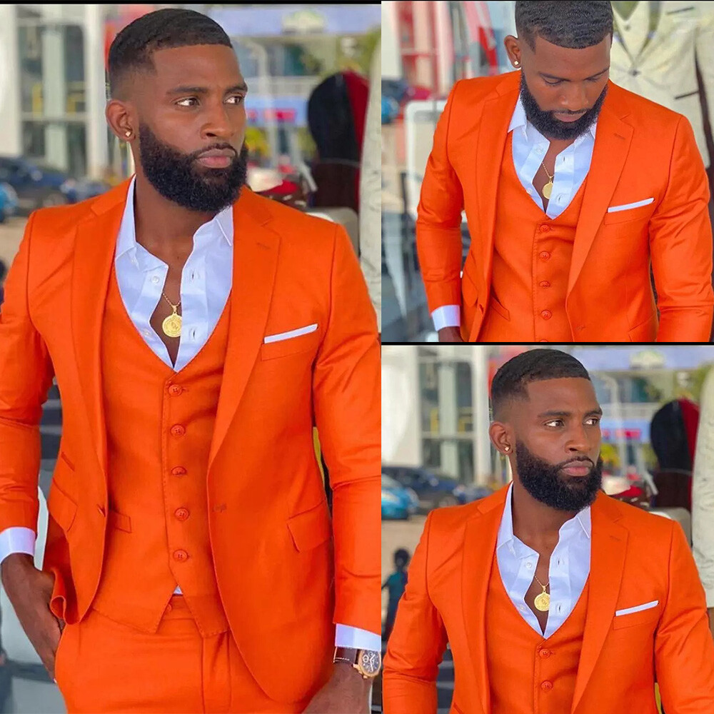3 Pcs Orange Men Suits Fashion Formal Business Tuxedos Wedding Groom Blazers