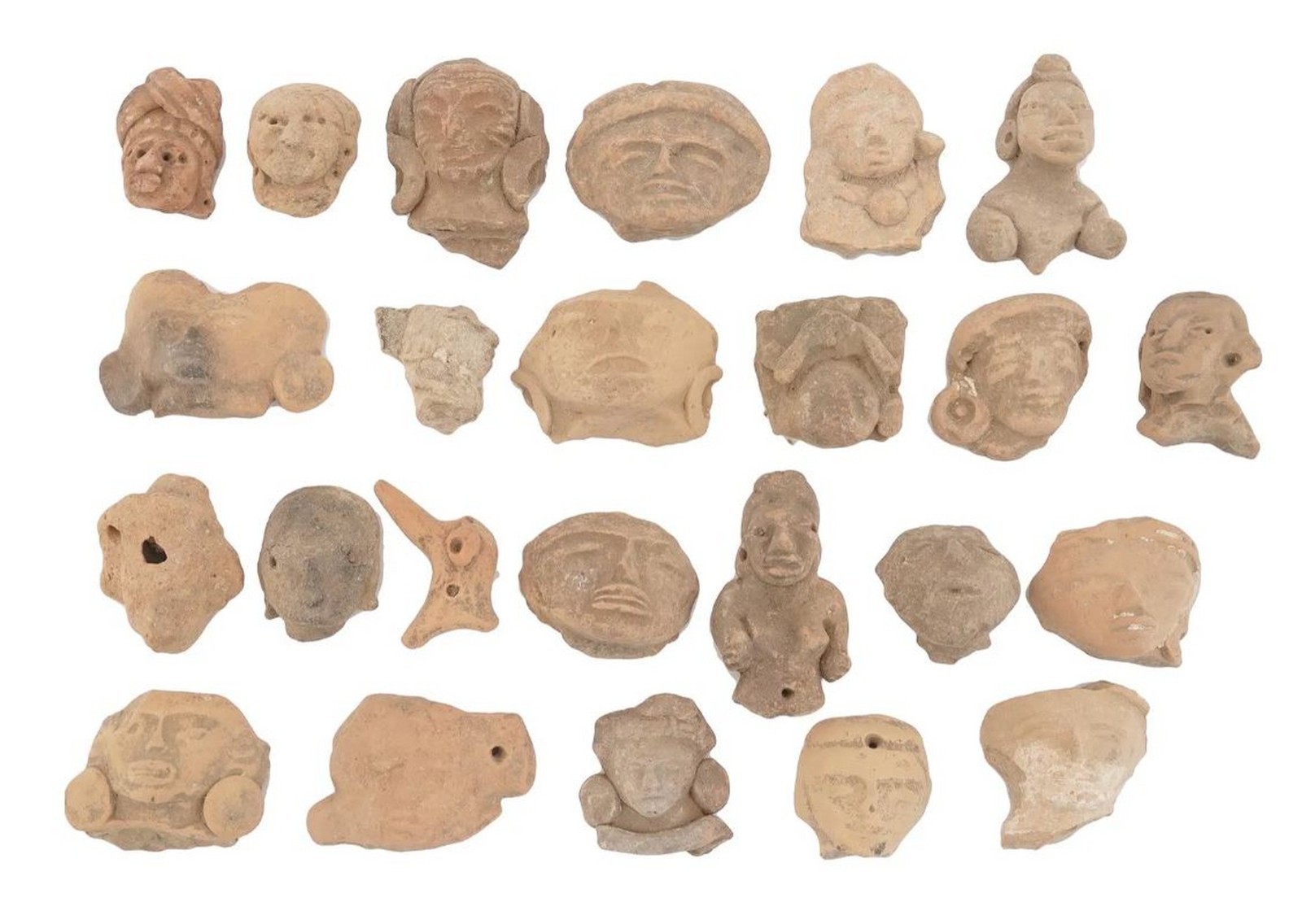 GROUP OF 24 OLD PRE COLUMBIAN STYLE TERRACOTTA FRAGMENTS OF DEITIES