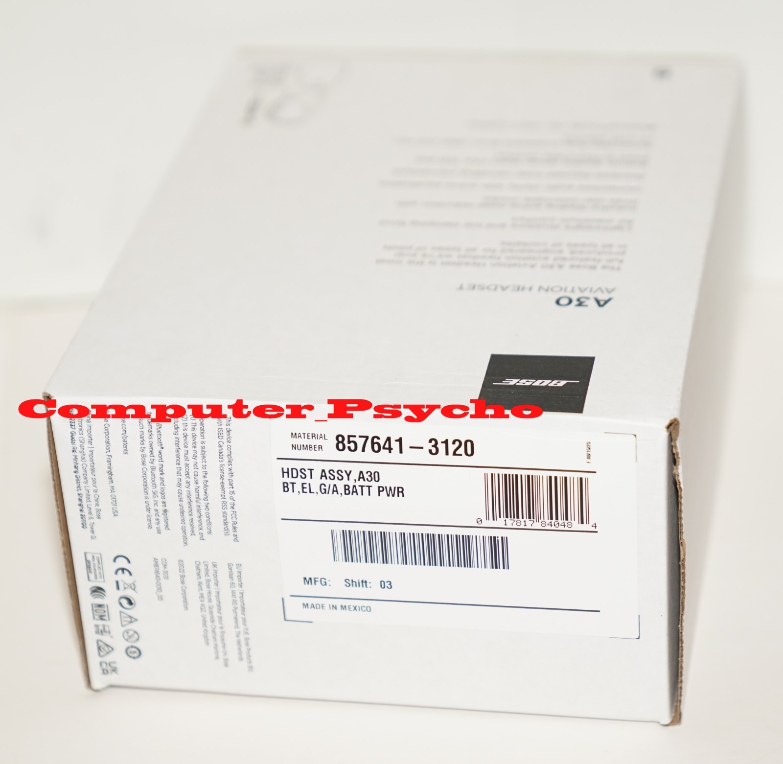 BOSE A30 857641-3120 AVIATION HEADSET BLUETOOTH BATTERY DUAL PLUG STRAIGHT CABLE