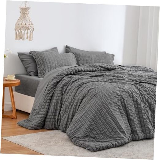 Seersucker King Size Comforter Set, 7-Piece All King (102"X90") Dark Grey