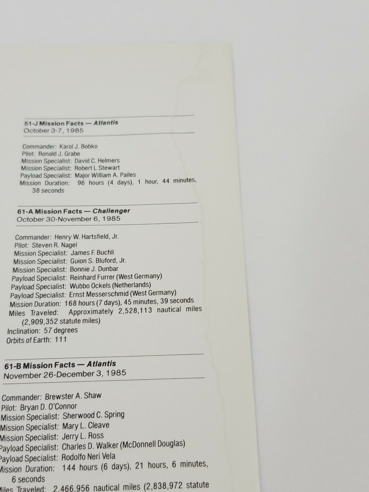 NASA Space Shuttle Missions - Facts Summary (11”X 8.5”) Print - NOS!