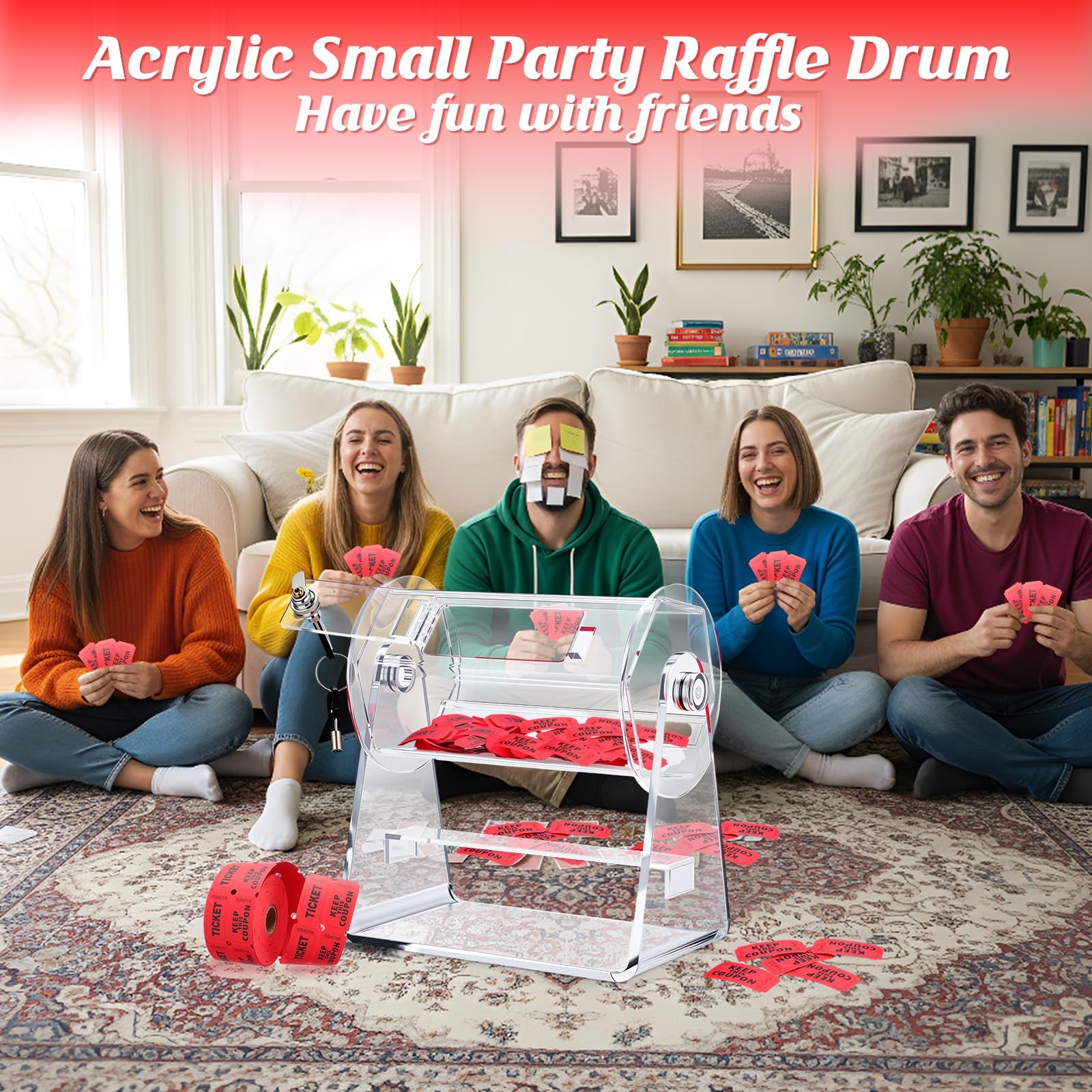Acrylic Raffle Drum, Clear Raffle Ticket Box Drum Spinner Cage with 1000 Tick...
