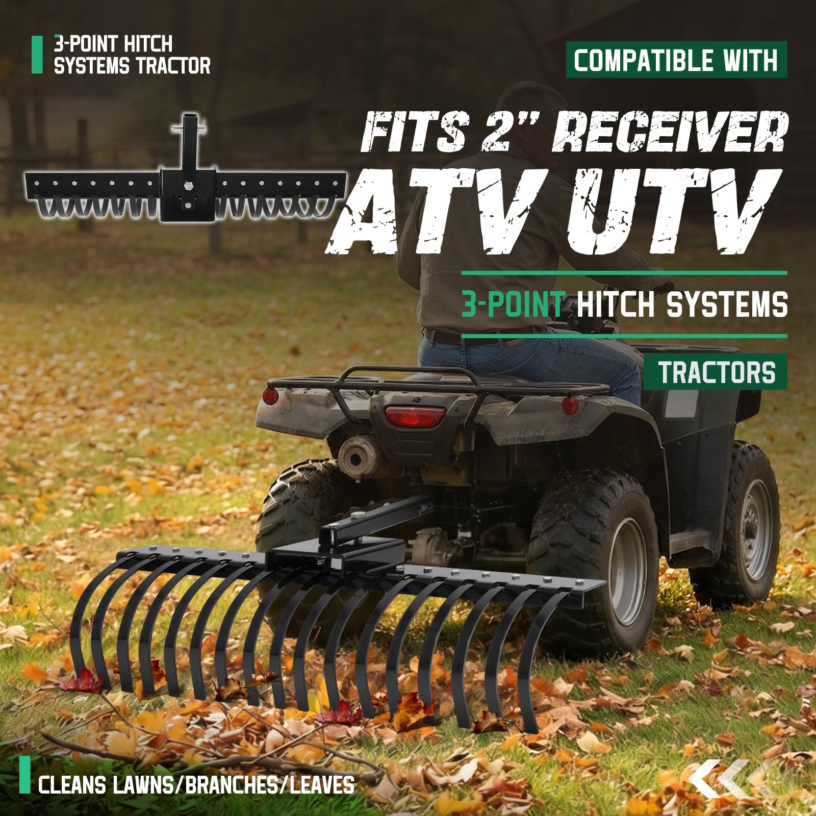 48" Landscape Rake Pine Straw Rake Rock Rake Fits 2" Receiver ATV/UTV Tractors