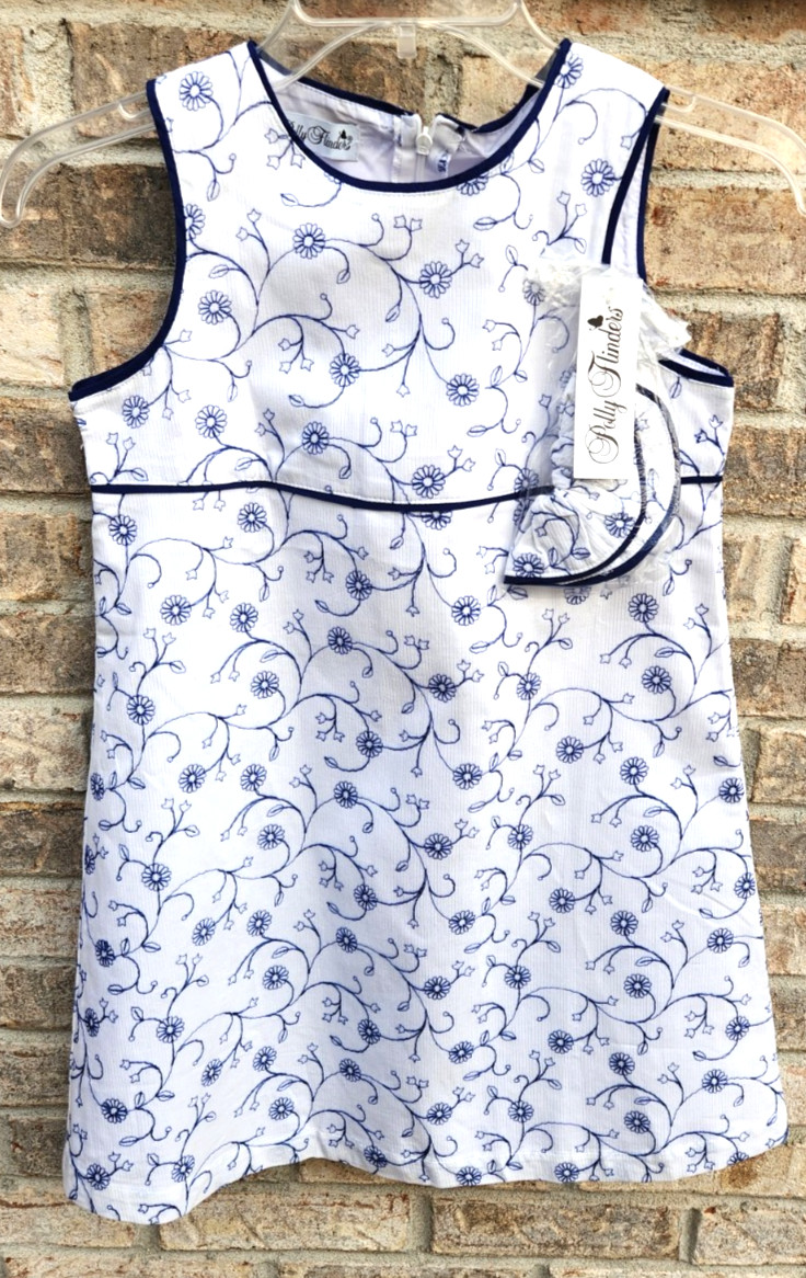 POLLY FLINDERS DRESS Sleevless White/Blue + matching Ponytail Band Girl's 10 NEW