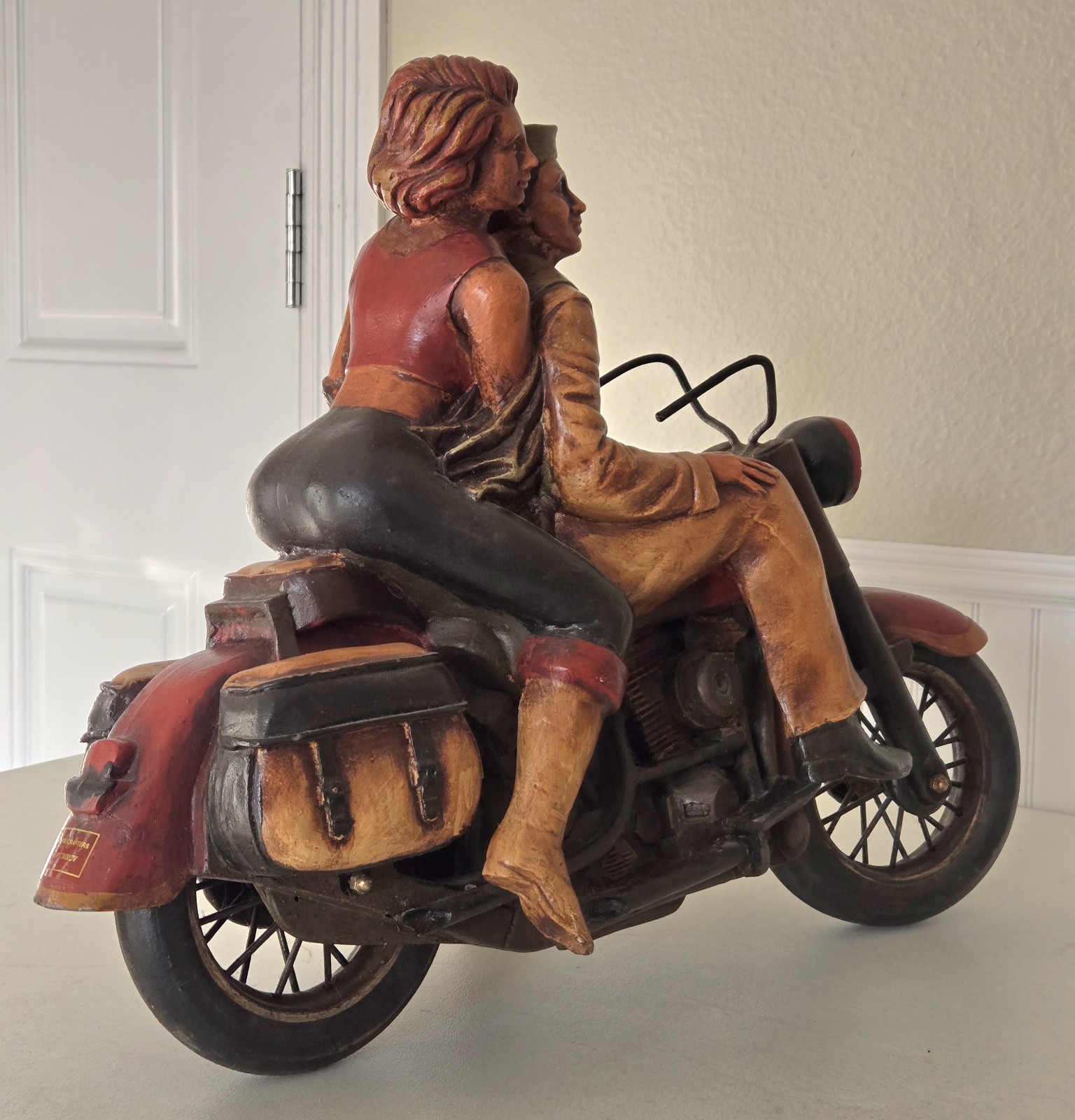 LARGE Wooden Sailor & Date Couple Riding Harley Davidson Motorcycle Sculpture