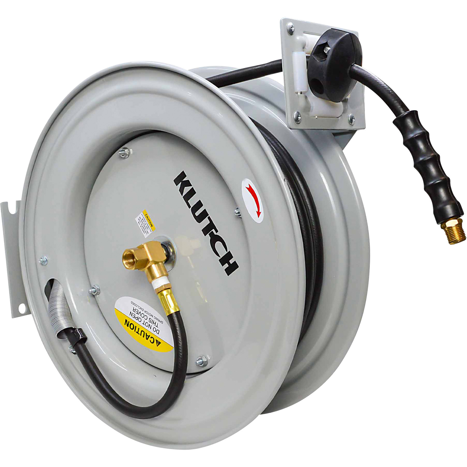 Klutch Auto Rewind Air Hose Reel with 1/2in. x 50ft. Rubber Hose, 300 PSI