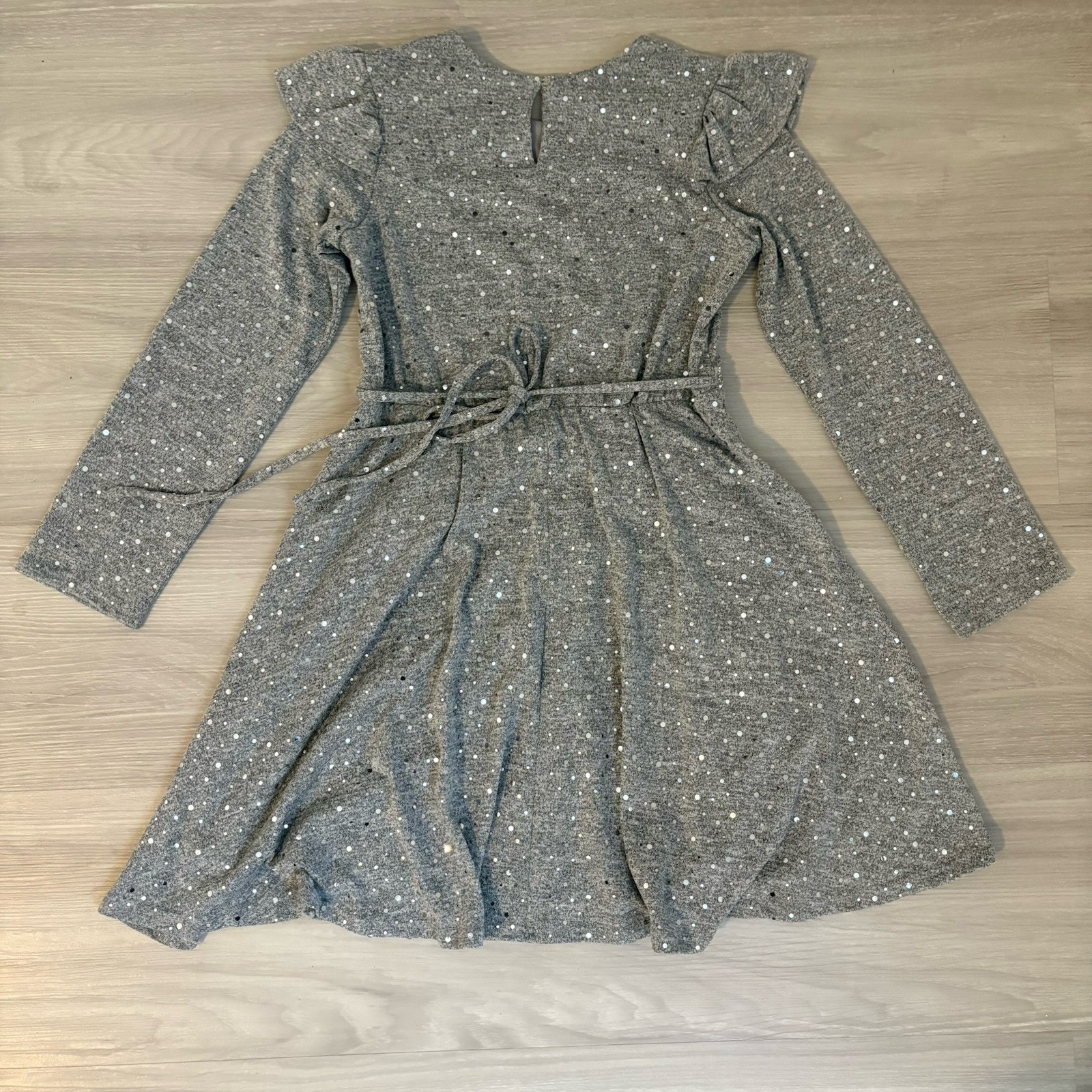 Rare Editions Girls Dress Gray Sequin Ruffle Long Sleeve Party Dress Size 14
