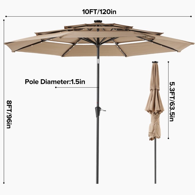10 FT 3-Layer Solar Patio Umbrella, 32 LED Lights Market Umbrella