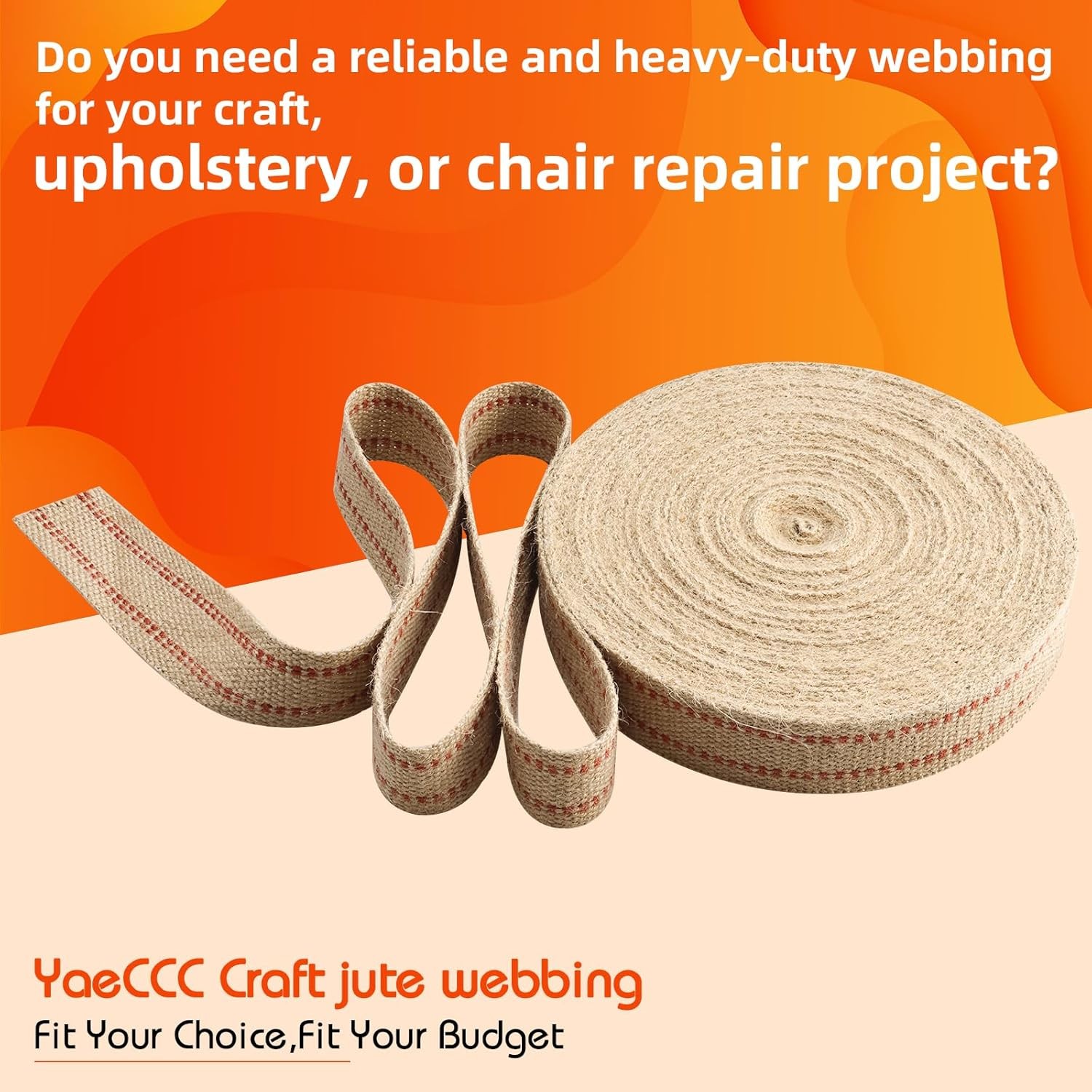 Upholstery Webbing Jute Black/Red Stripe 2" Width 33 Yards 11 lbs Heavy Duty