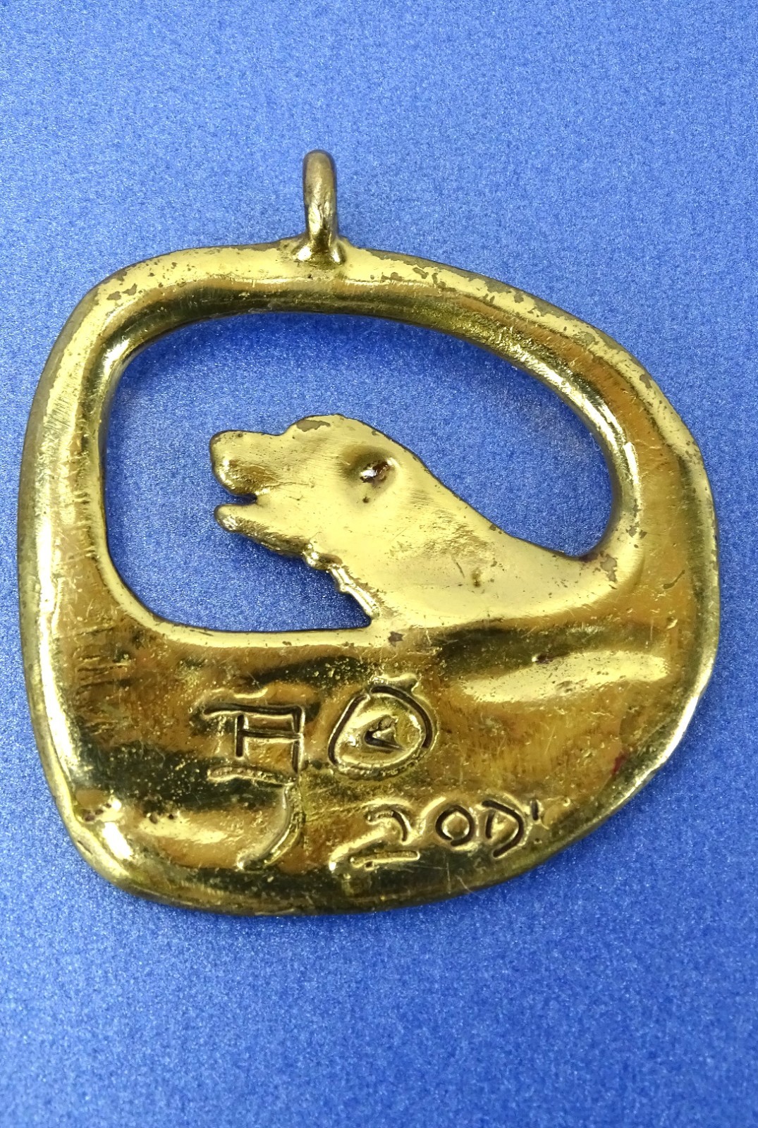 Vintage MCM Brass Pendant, Dog in Car Window, 2” x 2”