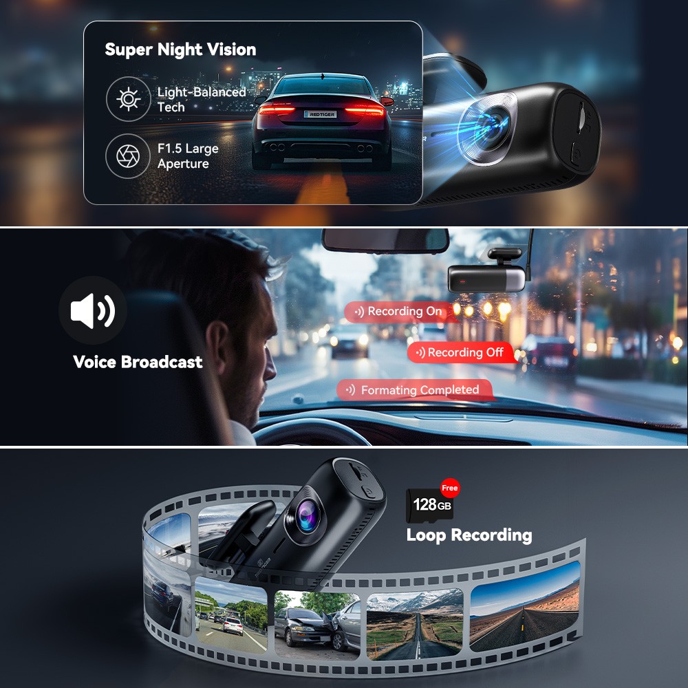 REDTIGER F9 Dash Cam Car Camera with 128GB Card Smart App Control WiFi GPS