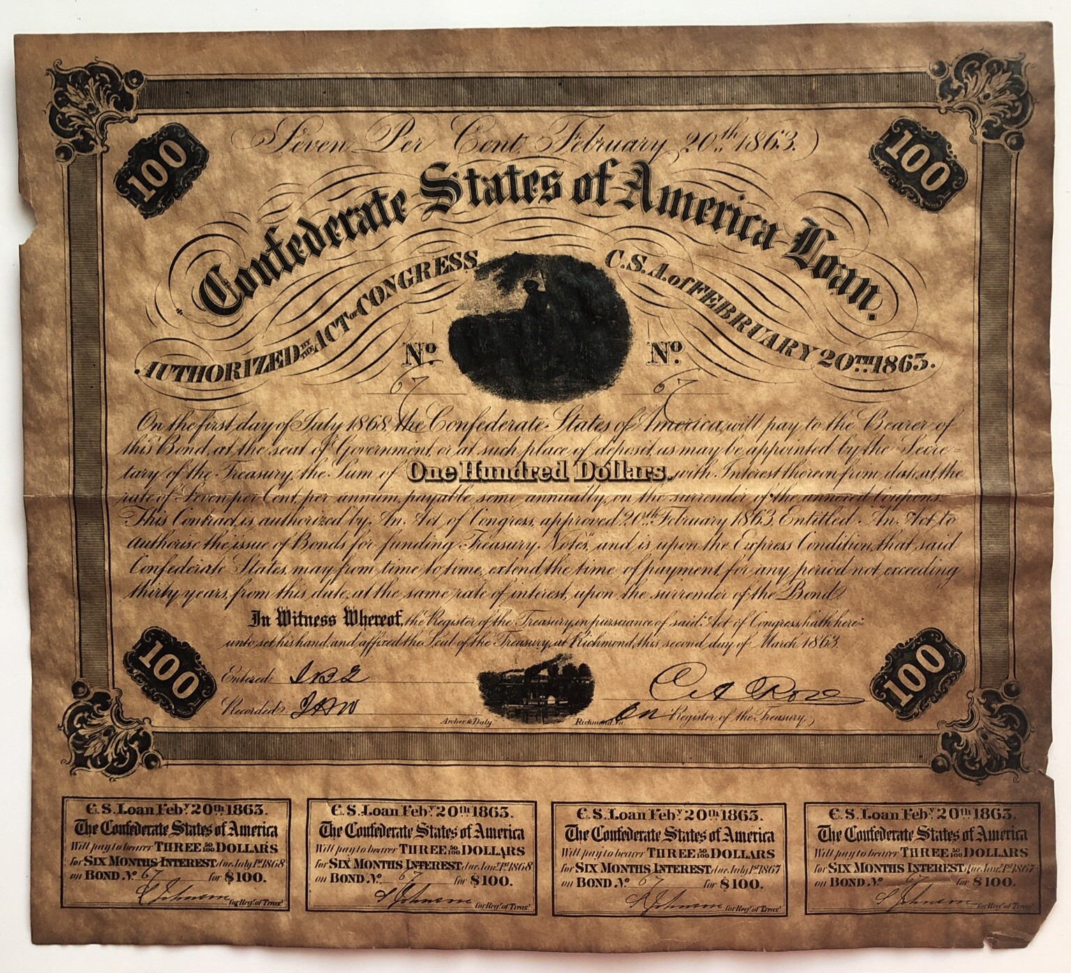 Antique Feb 1863 Confederate States of America  Loan Bond #67 100$  Richmond