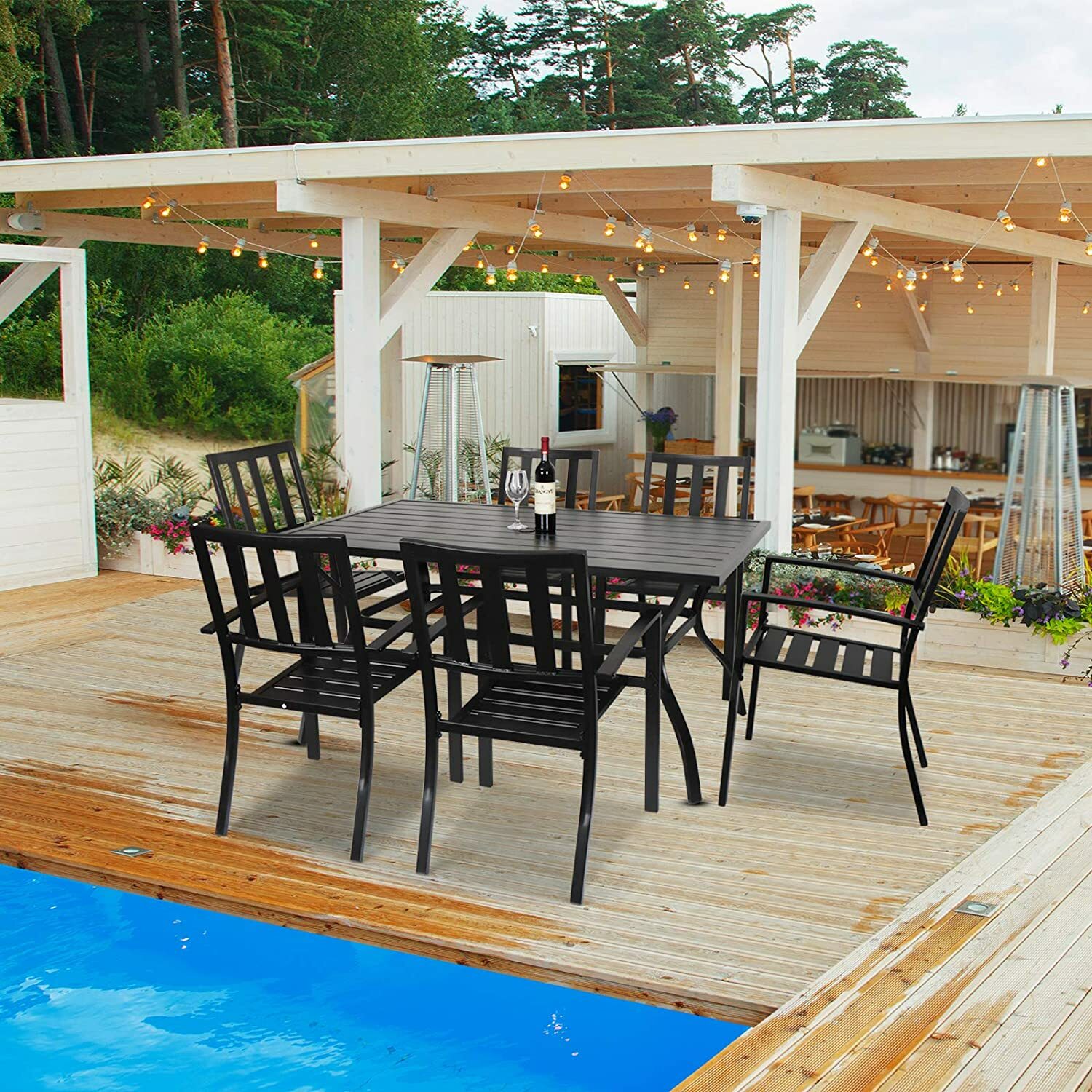 60" Outdoor Dining Table Metal Rectangular Patio Dining Table with Umbrella Hole